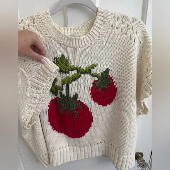 Anthropologie Maeve Short-Sleeve Tomato Motif
Graphic Sweater - size Large - Picture 4 of 8